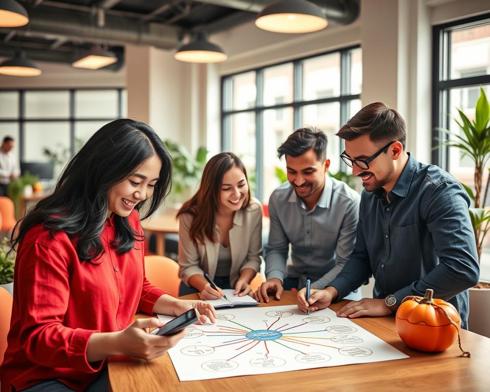 A vibrant, engaging scene depicting a group of four diverse adults engaged in brain training activities. In the foreground, one person, a woman of Asian descent, is solving a puzzle on her smartphone, displaying concentration. Beside her, a Black man is writing notes on a notepad, showcasing his ideas. In the middle, a Latino woman and a Caucasian man are collaborating over a colorful mind map laid out on a table, illustrating social influence on memory enhancement. The background features a warmly lit, modern co-working space with large windows, artistically designed furniture, and plants that foster a creative atmosphere. The lighting is bright yet soft, creating an energizing mood while maintaining a professional vibe. The image captures synergy and collaboration amongst the individuals in their memory exercises.