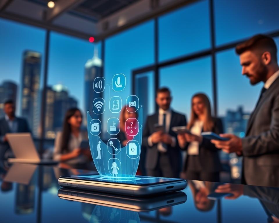 A vibrant, futuristic office environment showcasing mobile technology. In the foreground, a sleek, modern smartphone with a holographic display projecting digital icons representing communication, social media, and navigation. In the middle ground, a diverse group of professionals in business attire discussing the latest apps and features, their expressions focused and engaged. The background features a city skyline with tall buildings, all illuminated by twilight, creating a dynamic atmosphere of innovation. Soft, ambient lighting highlights the devices, while a shallow depth of field emphasizes the smartphone and users, suggesting a cutting-edge, tech-savvy world. The overall mood is inspiring and forward-looking, capturing the essence of mobile technology in a professional setting.