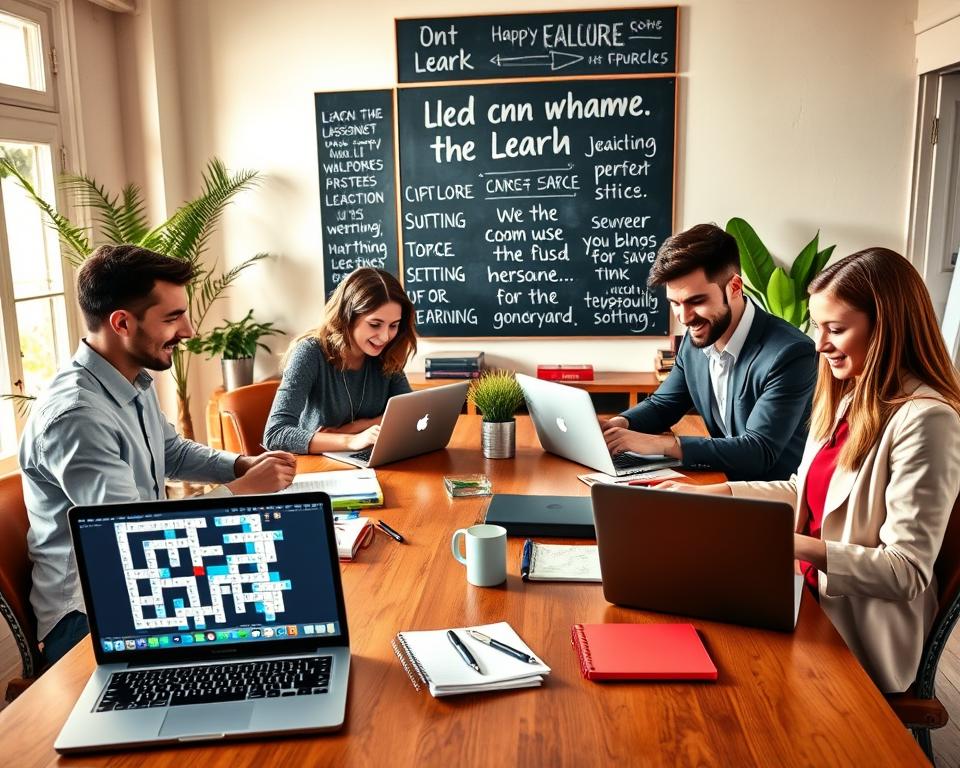 A vibrant scene depicting a cozy home office, where a diverse group of four young adults, dressed in smart casual attire, are gathered around a large wooden table, enthusiastically solving online crossword puzzles on their laptops and tablets. In the foreground, a laptop shows a colorful crossword interface, while on the table, notebooks and pens indicate a collaborative spirit. The middle ground includes a chalkboard filled with motivational quotes about learning and teamwork. In the background, a window lets in warm, natural light, illuminating indoor plants that create a calming atmosphere. The overall mood is one of focus, enjoyment, and intellectual engagement, showcasing the benefits of online crosswords in enhancing learning through collaboration and creativity.