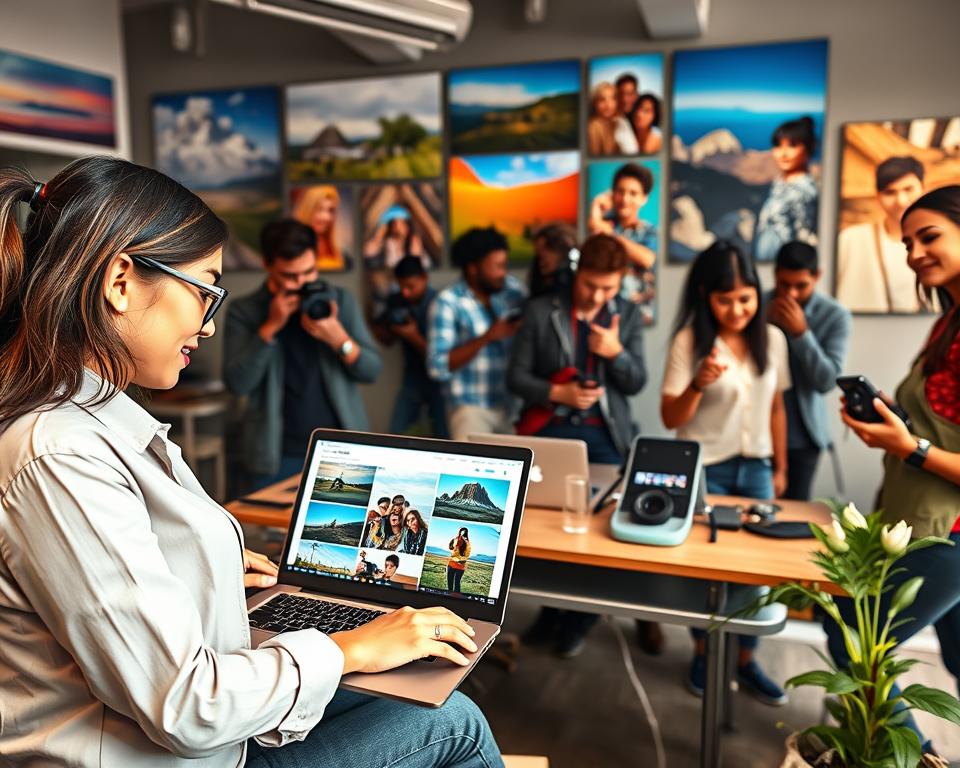 A vibrant scene depicting a diverse group of photographers sharing their work online in a modern workspace. In the foreground, a professional female photographer, dressed in smart casual attire, is engaged on her laptop, showcasing her portfolio on a photography platform. The middle ground features other photographers of various backgrounds working on their devices, discussing their images, and pointing excitedly at screens. The background showcases a sleek office environment filled with colorful prints of stunning landscapes and portraits, accented by natural light filtering through large windows. The atmosphere is energetic and collaborative, reflecting creativity and inspiration in the world of digital photography. The lighting is bright and warm, enhancing the sense of community and shared passion.