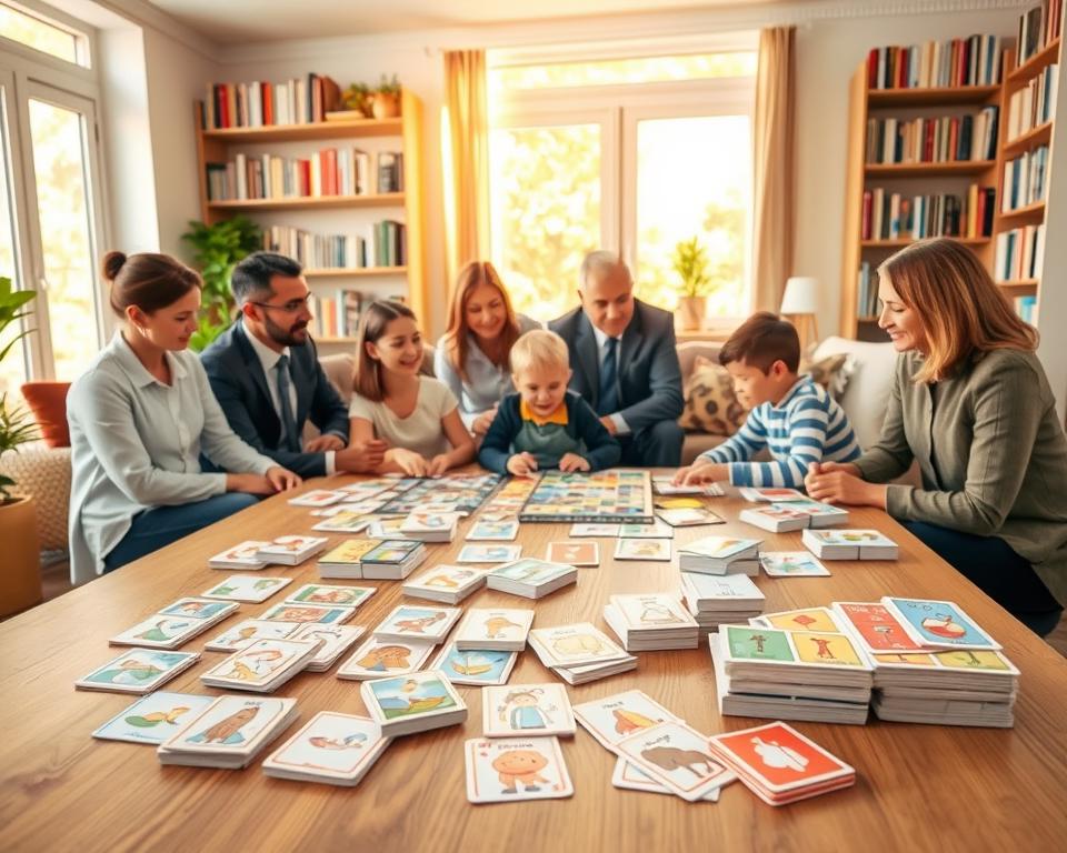 A vibrant scene showcasing a variety of engaging memory enhancement games, suitable for different age groups. In the foreground, colorful memory card games are laid out on a wooden table, featuring playful illustrations. Nearby, a group of diverse adults in professional business attire are attentively playing a board game, fostering a sense of collaboration and concentration. In the middle, children excitedly participate in a matching game, creating an atmosphere of joy and learning. The background displays a cozy living room setting with soft lighting, promoting a relaxed and inviting mood. A large window allows warm sunlight to filter in, enhancing the overall brightness of the scene, while shelves lined with books create an environment that encourages intellectual growth.