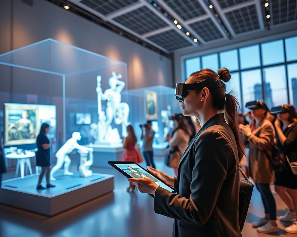 A virtual museum setting featuring a diverse group of visitors engaging with digital exhibits on vibrant screens. In the foreground, a young woman in professional attire stands in awe, admiring a stunning virtual artwork displayed on a sleek tablet. The middle showcases immersive holographic installations depicting famous paintings and sculptures, with visitors interacting using VR headsets. The background reveals a modern museum interior with high ceilings, soft lighting emanating from strategically placed fixtures, and large windows overlooking an urban landscape, creating an inviting atmosphere. The overall mood is one of wonder and exploration, capturing the innovative spirit of experiencing art in a digital world. Use a wide-angle lens to emphasize the scale of the space and the depth of interaction among the visitors.