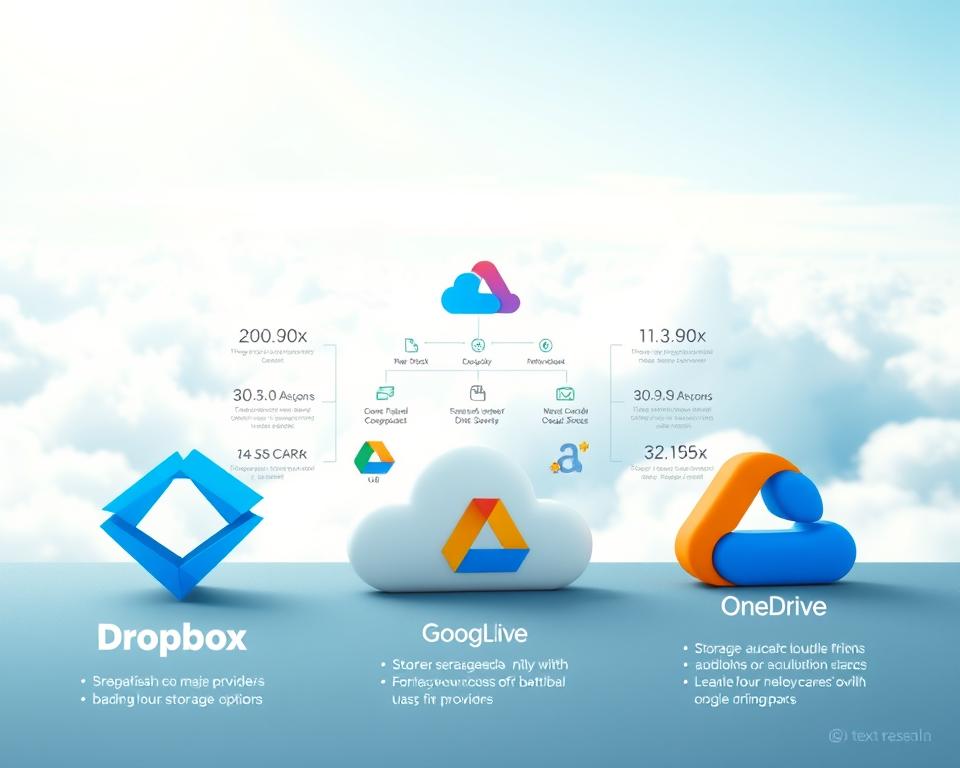 A visually engaging comparison of popular cloud storage solutions, featuring a sleek, modern digital landscape. In the foreground, three distinct cloud icons representing major providers like Dropbox, Google Drive, and OneDrive, artistically designed with vibrant colors and dimensions. In the middle ground, a stylized infographic illustrating features such as storage capacity, file sharing options, and security measures, skillfully integrated around the cloud icons. The background includes a subtle, abstract depiction of a digital sky, filled with soft gradients of blues and whites, suggesting a seamless connection to the cloud. The lighting is bright and airy, creating an optimistic and professional atmosphere. The overall mood is informative yet inviting, encouraging users to explore the benefits of cloud storage. No text or watermarks present.