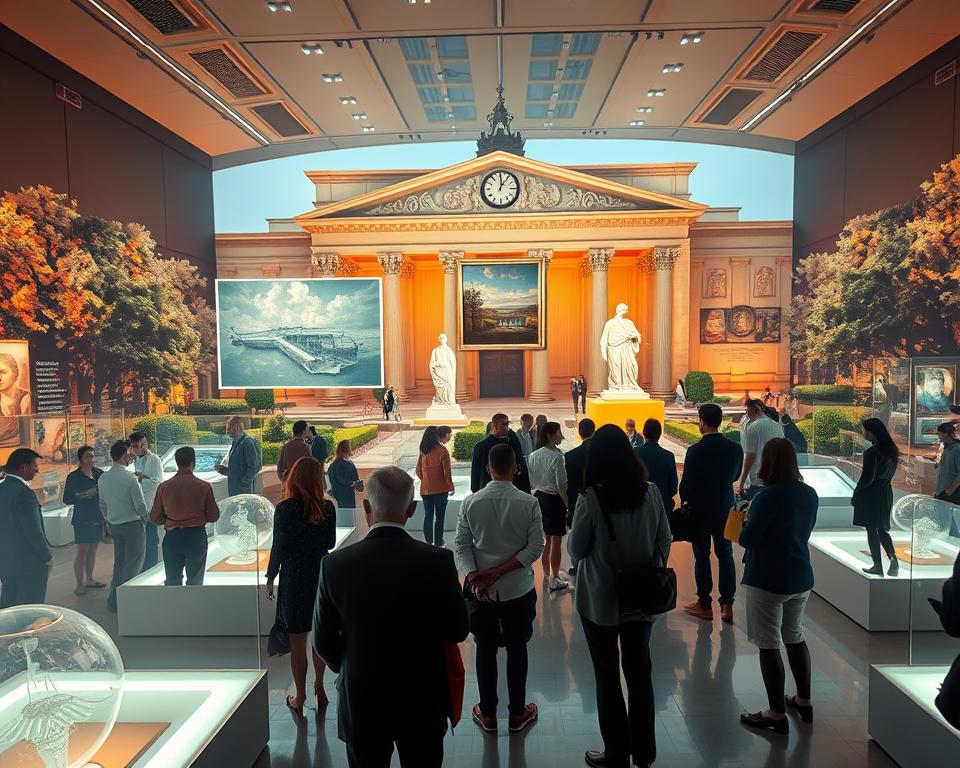 A vivid scene showcasing a virtual museum experience set in an elegantly designed digital space. In the foreground, a diverse group of people in professional attire explore interactive art exhibits displayed on holographic screens. In the middle, large virtual paintings and sculptures float in mid-air, illuminated by soft ambient lighting, creating a mesmerizing atmosphere. The background features a digital version of a historic museum façade, seamlessly blending classical architecture with futuristic elements, surrounded by virtual trees and serene gardens. The scene is bathed in warm light to evoke a sense of wonder and creativity. The angle is slightly above eye level, providing an expansive view of this innovative art exploration space, inviting the viewer to engage in the experience.