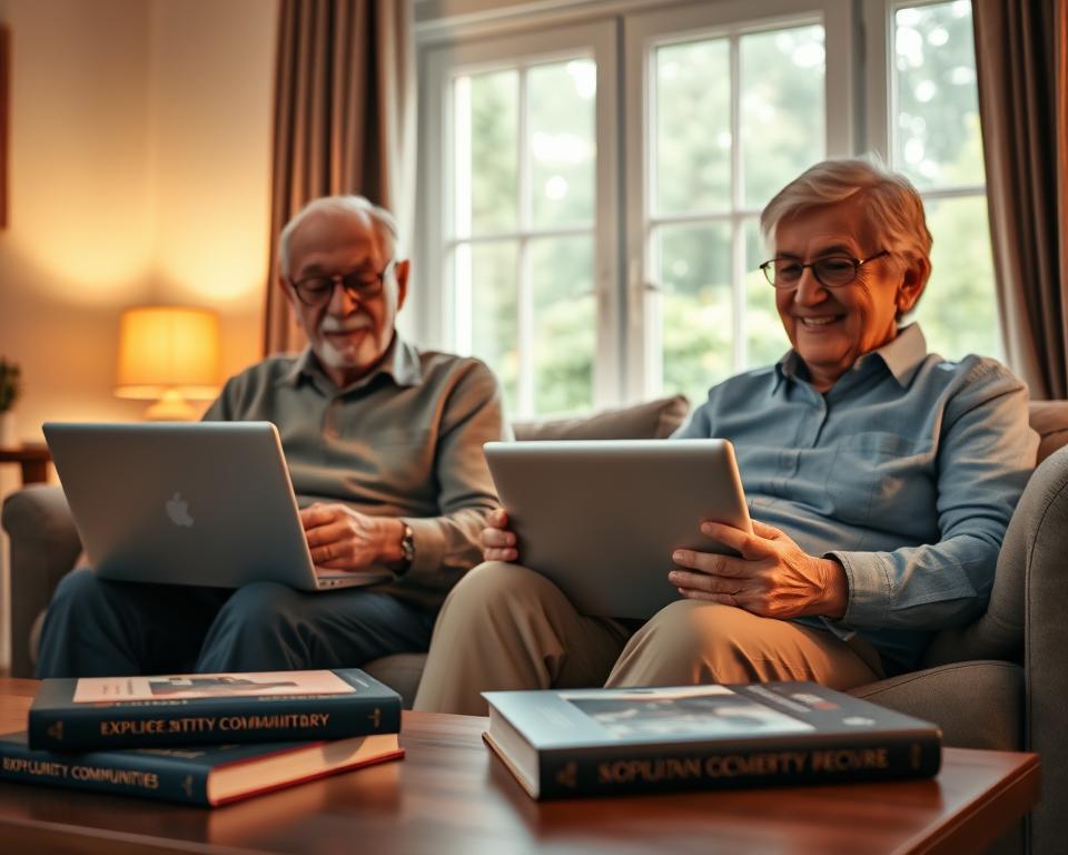 An elderly couple sitting comfortably in a cozy living room, engaging with their laptops to explore online communities safely. In the foreground, the couple, dressed in professional casual clothing, are focused and smiling as they navigate forums. On a nearby coffee table, there are books about digital security and privacy. In the middle ground, warm, inviting lighting creates a sense of security, with a soft glow from a lamp enhancing the atmosphere. In the background, a window reveals a peaceful garden, symbolizing the tranquility of engaging online. The overall mood is uplifting and reassuring, emphasizing a safe exploration of the digital world for seniors, captured with a slightly elevated angle to show their focused perspective.
