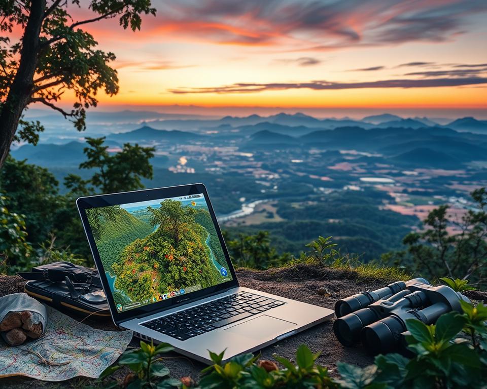 Create a captivating scene that embodies the concept of exploring nature using Google Earth. In the foreground, depict a laptop open to a vibrant 3D map of a lush rainforest, showcasing detailed greenery and wildlife. Surrounding the laptop, include hiking gear such as a map and binoculars, suggesting an adventurous spirit. In the middle ground, illustrate a panoramic view of diverse biomes visible through the digital interface—a breathtaking mix of mountains, rivers, and deserts, allowing viewers to feel the vastness of the world. In the background, represent a serene sky at dusk, with soft, warm lighting illuminating the landscapes, evoking a sense of wonder and exploration. The overall mood should be tranquil and inspiring, inviting the viewer to embark on a journey through the wonders of nature.